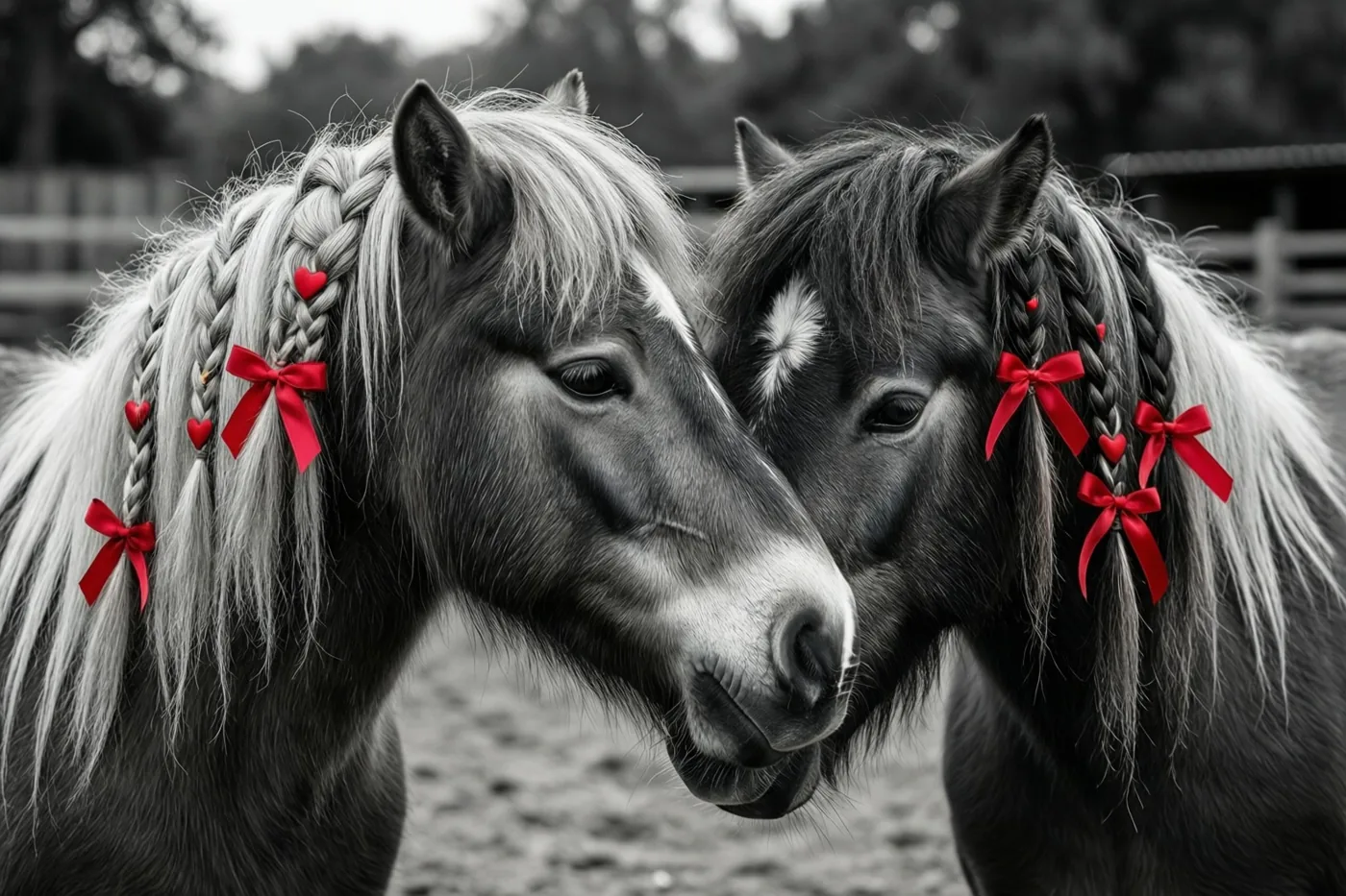 Twee pony's met rode hartjeslinten in hun gevlochten manen liefkozen elkaar in een paddock, in een grotendeels zwart-witbeeld waarin de linten felrood opvallen.