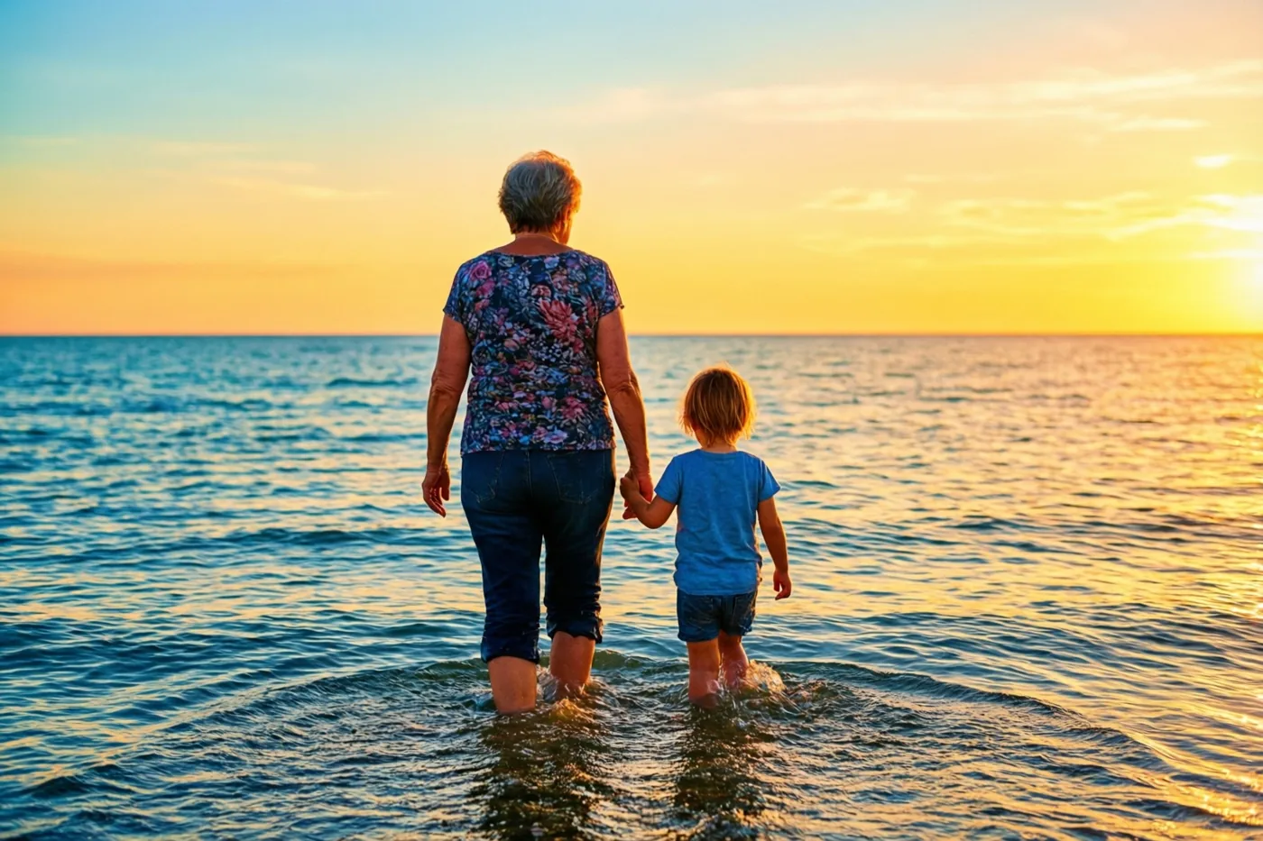 Een oma en haar kleine kleinkind waden met hun rug naar de kijker door enkeldiep zeewater bij zonsondergang, in gouden en blauwe tinten.