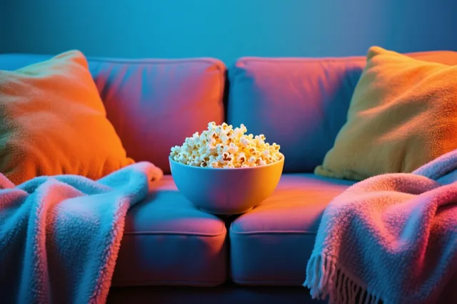 Een witte kom popcorn staat op een zetel tussen twee dekens en kussens in blauw en oranje licht.