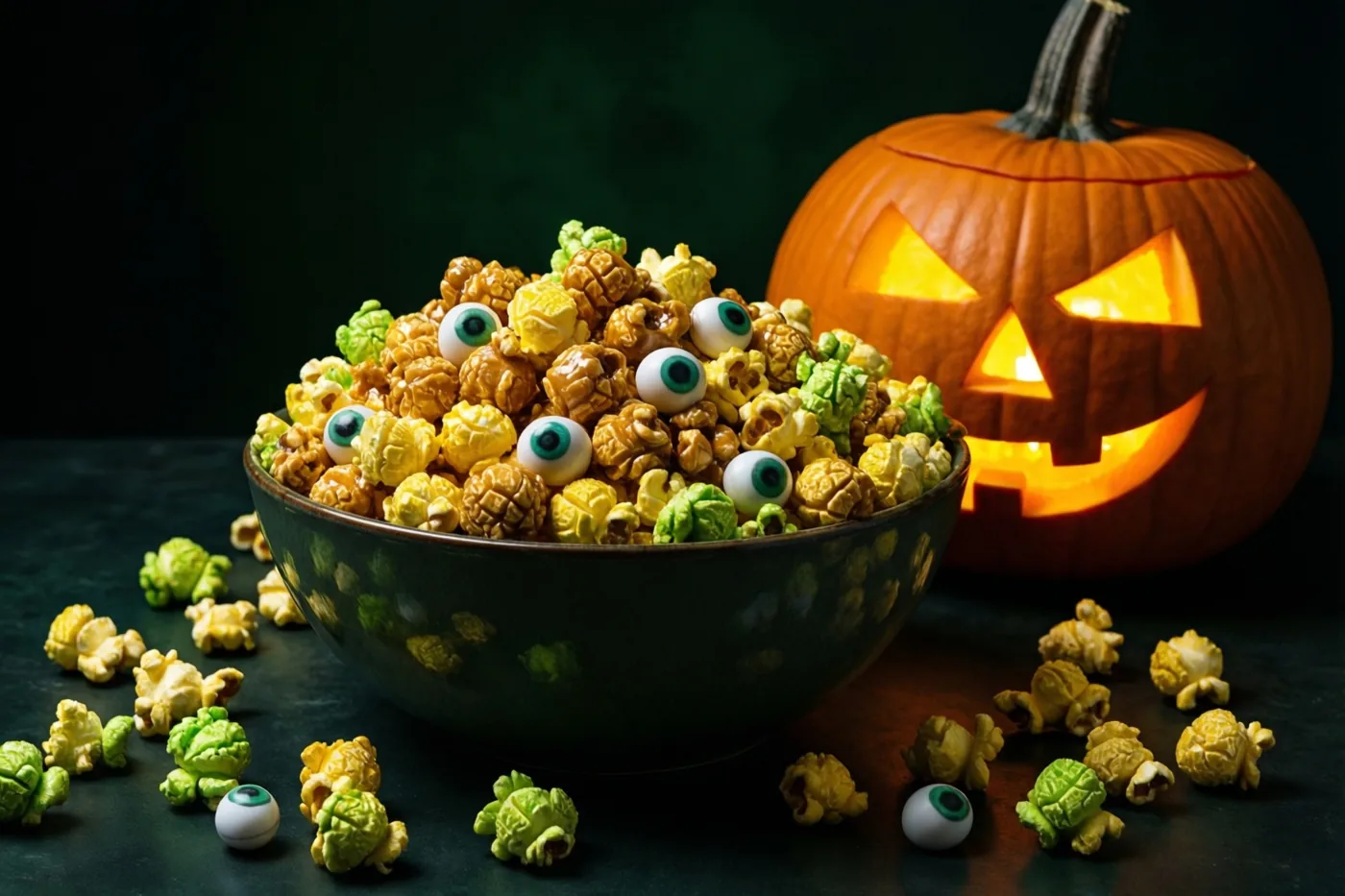 Een grote donkere kom puilt uit van karamelpopcorn en snoepogen naast een verlichte uitgesneden pompoen op een donkere tafel, met oranje en groene tinten op de achtergrond.
