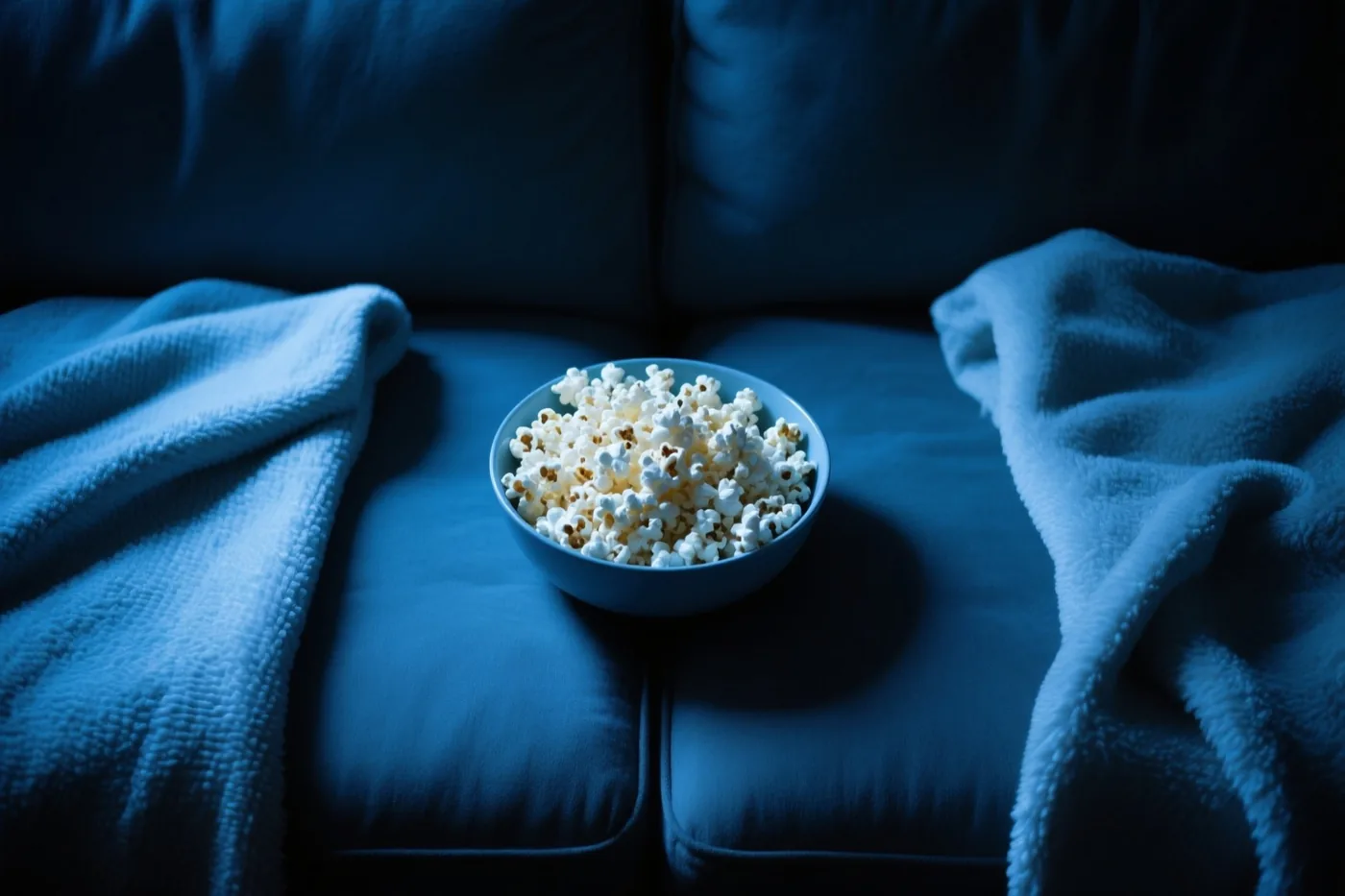 Een kom popcorn staat op een donkerblauwe zetel tussen twee dekens met reliëf in koelblauw licht.