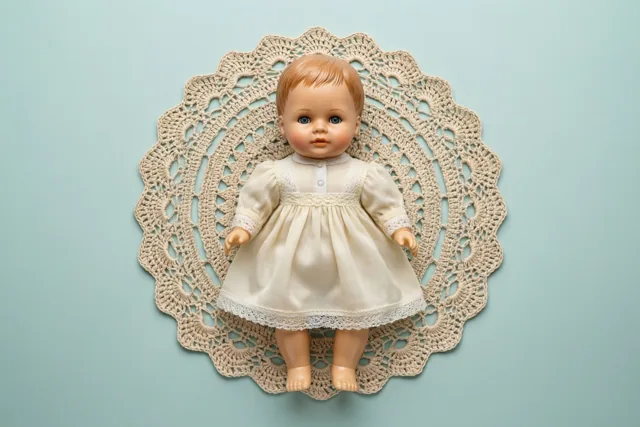 Een oude celluloid babypop in een crèmekleurig doopkleedje staat centraal op een beige gehaakt kleedje tegen een effen lichtblauwe achtergrond.