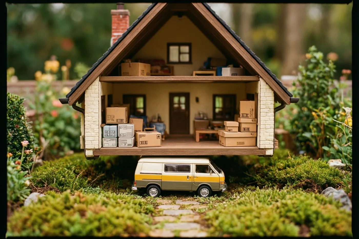 Een miniatuurpoppenhuis met kartonnen verhuisdozen erin hangt boven een klein oud busje in een tuin vol mos en groen, met een zwarte rand rond het beeld.