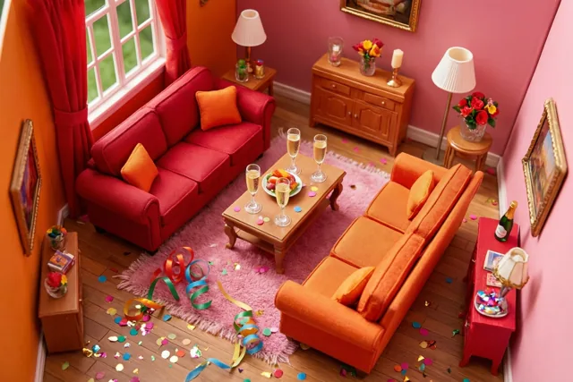 Een poppenhuiswoonkamer in rode, oranje en roze tinten is versierd met miniatuurchampagneglazen, serpentines en confetti op de vloer en het tapijt.