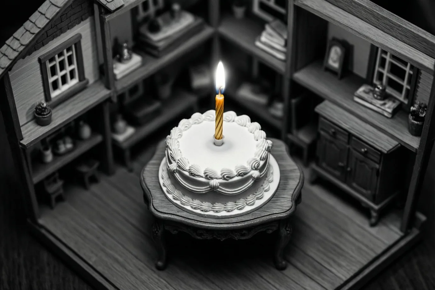 Een wit miniatuurtaartje met één brandend kaarsje staat op een tafeltje in een ingericht poppenhuis met rekjes en meubels, in zwart-wit behalve de kaarsvlam.