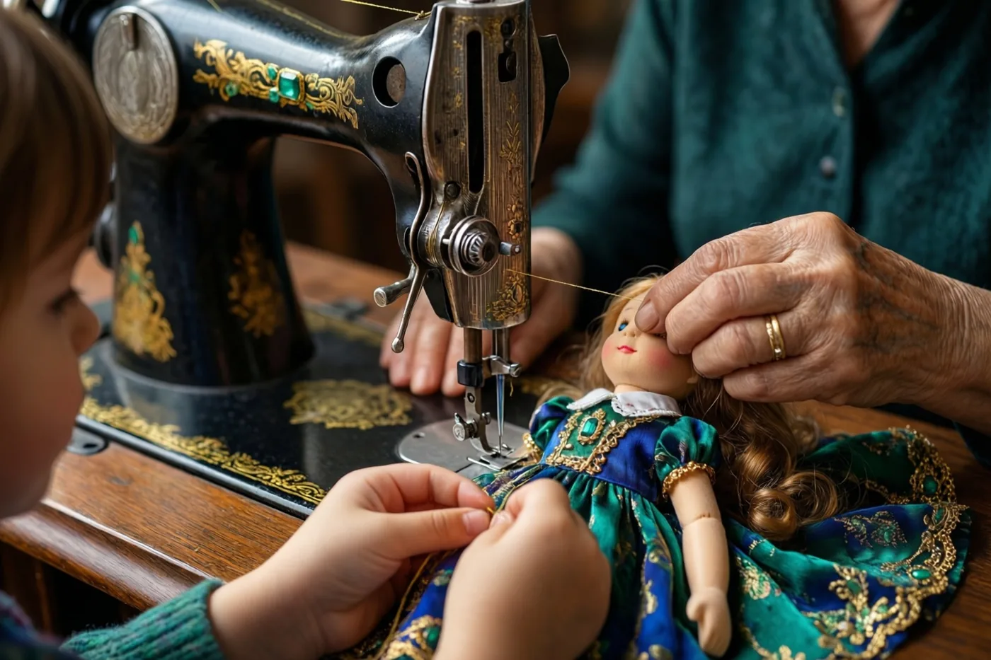 Een grootmoeder en een kind naaien een poppenjurkje aan een sierlijke oude zwarte naaimachine op een houten tafel in warm licht.