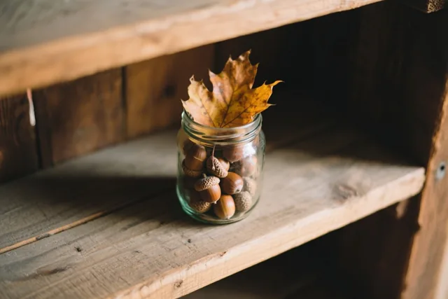 Een glazen pot vol eikels met bovenop één herfstblad staat op een rustieke houten plank.