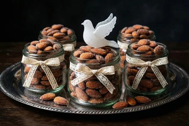 Glazen potjes met suikerbonen, kanten linten en suikerduifjes staan op een zilveren dienblad, warm belicht tegen een donkere achtergrond.