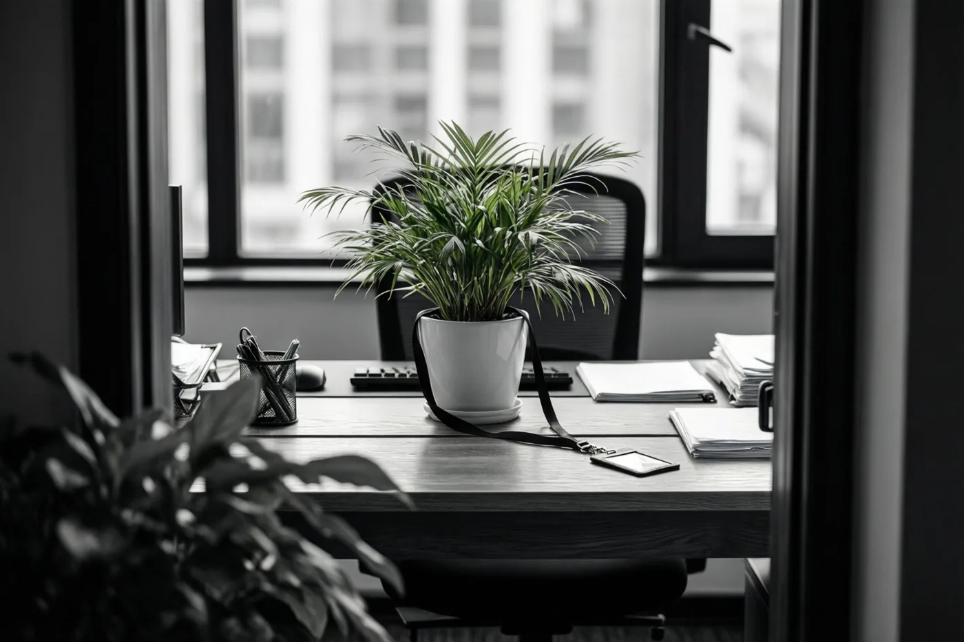 Op een zwart-witfoto staat een potplant met een halslint zonder opschrift rond de pot op een houten bureau, met een raam op de achtergrond.