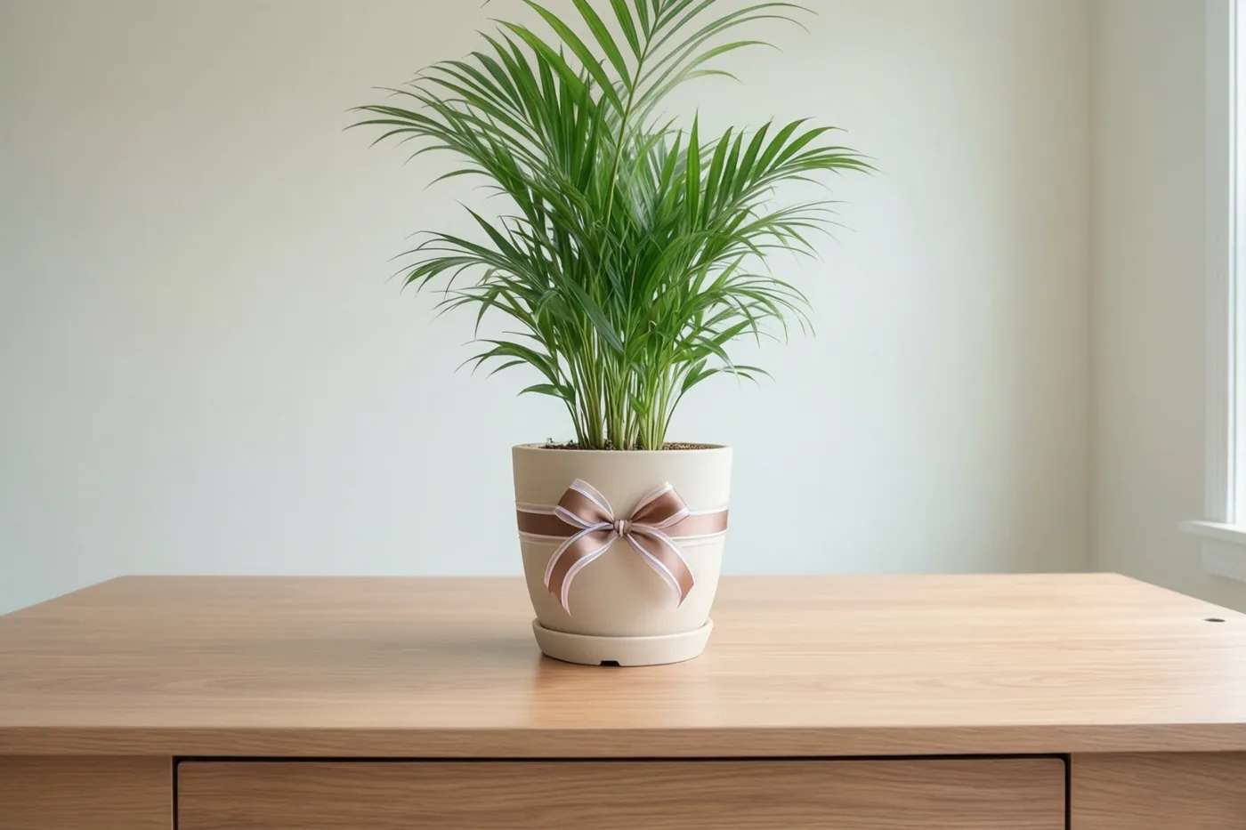 Een groene potplant met een sierlint staat op een licht houten bureau tegen een effen muur.
