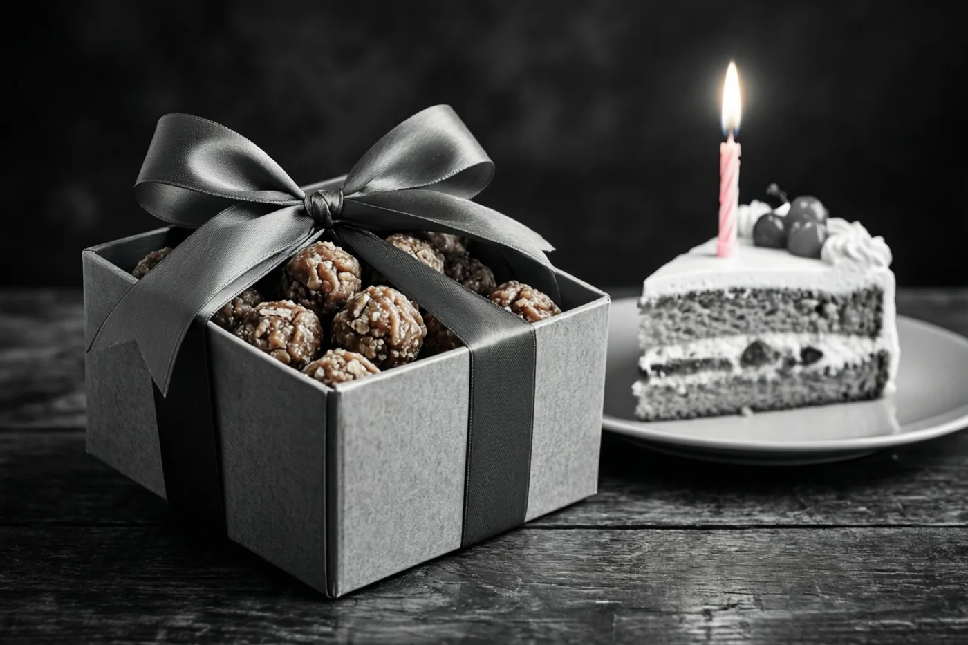 Een geschenkdoos met pralines en een zwarte satijnen strik staat naast een stuk gelaagde taart met één brandend kaarsje op een bord, op donker hout tegen een zwarte achtergrond.