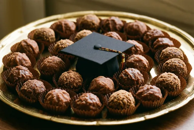 Op een goudkleurig dienblad ligt een ring Belgische pralines met een chocoladelaag rond een zwart afstudeerhoedje met kwastje, in warme bruine en gouden tinten.