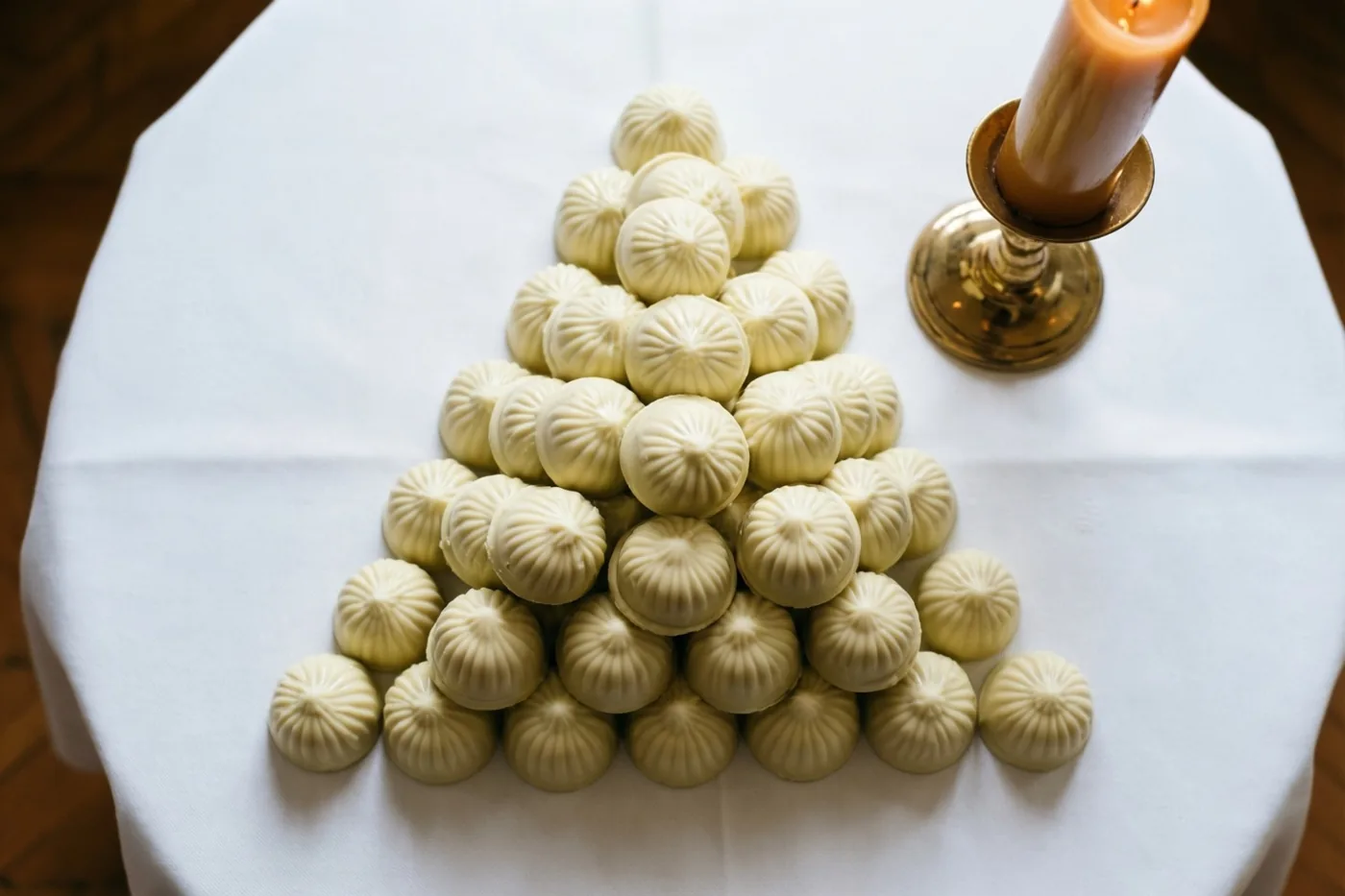 Een piramide van witte chocoladepralines staat op een wit tafelkleed naast een brandende communiekaars in een messing kandelaar, in zacht licht.
