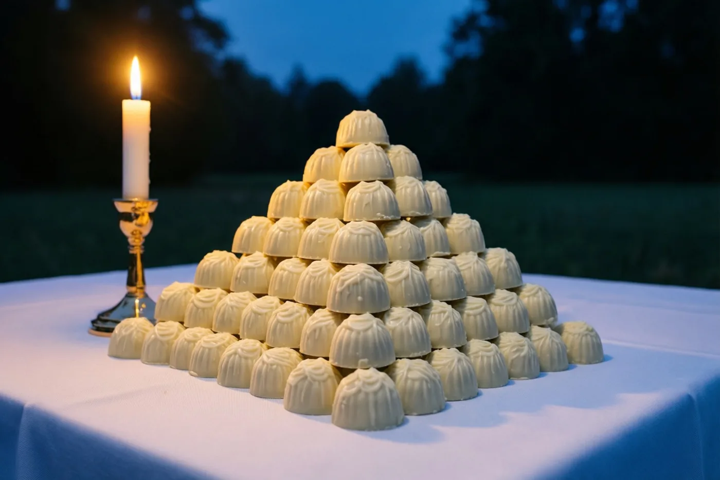 Een piramide van witte chocoladepralines staat buiten op een wit tafelkleed naast een brandende communiekaars in een zilveren kandelaar, met een donkerblauwe hemel en onscherpe bomen op de achtergrond.
