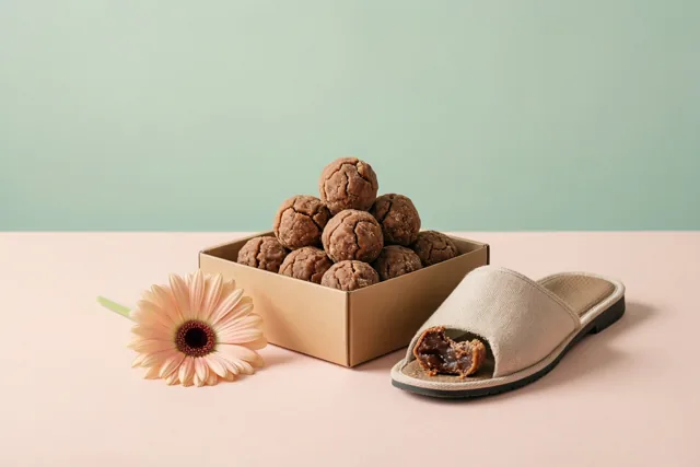 Een doos bruine pralines staat op een roze ondergrond naast een roze gerbera en een beige pantoffel met een praline erin, tegen een mintgroene achtergrond.