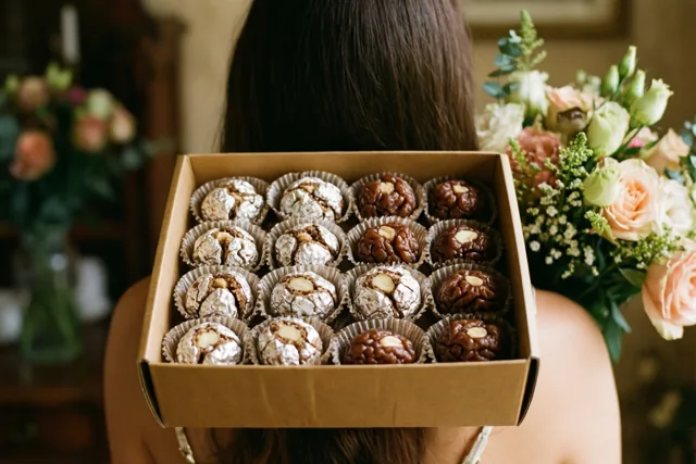 Een persoon, van achteren gezien, houdt binnenshuis een doos pralines en een boeket bloemen vast in warm licht.