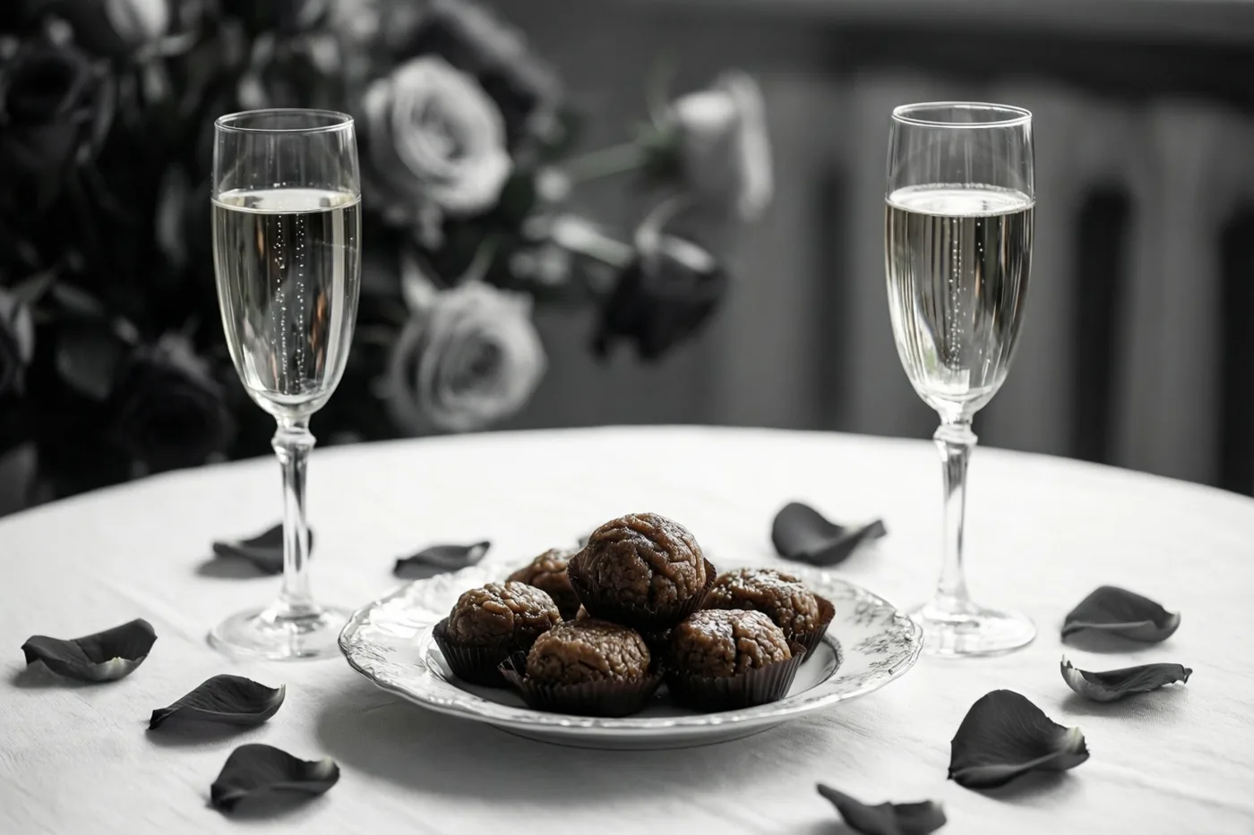 Twee champagneglazen en een bord pralines staan op een wit tafelkleed met verspreide rozenblaadjes, weergegeven in zwart-wit.