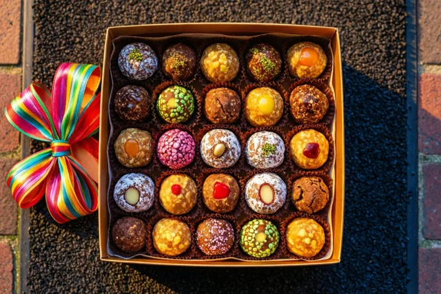 Een doos verschillende pralines met een regenboogstrik staat op een donkere grinddrempel naast een bakstenen muur.