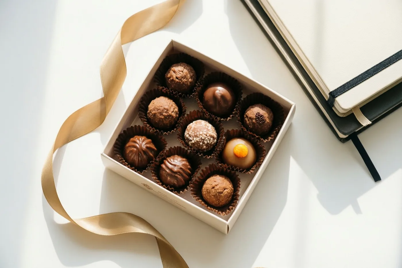 Een vierkante doos Belgische pralines staat op een wit oppervlak naast een los gedrapeerd gouden lint en een stapel schriften.