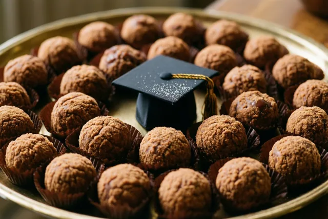 Een goudkleurig dienblad draagt een kring pralines met een chocoladelaag rond een klein zwart afstudeerhoedje in warm licht.