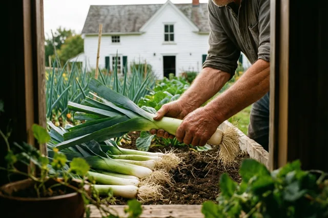 Door een houten omlijsting zijn doorleefde handen te zien die verse prei uit een tuinbed trekken, met een witte hoeve en groen op de achtergrond.