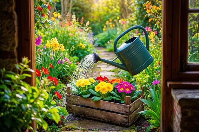 Door een open raam is te zien hoe een groene gieter water over kleurrijke primula's in een houten kist giet, op een zonnig tuinpad tussen groen en bloemen.