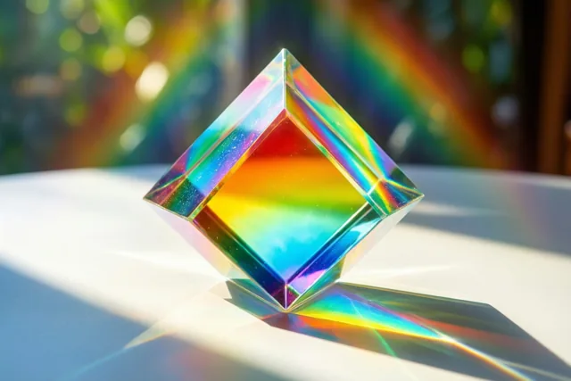 Een glazen prisma op een witte tafel weerkaatst zonlicht in regenboogkleuren, met opvallend rood, blauw en geel.