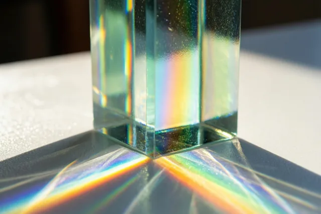 Een glazen prisma op een witte tafel splitst het zonlicht in een helder regenboogspectrum dat over het tafeloppervlak valt.