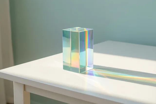 Een glazen prisma op een witte tafel verspreidt regenboogkleuren over het tafelblad, met een zachtgroene muur op de achtergrond.