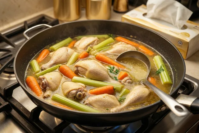 Een zwarte pan met pruttelende kippensoep, stukjes kip, wortelen, selder en een metalen pollepel staat op een gasfornuis, met een doos zakdoekjes op het aanrecht op de achtergrond.