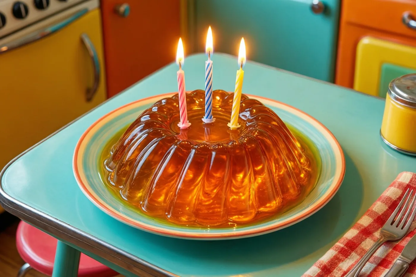 Een doorschijnende amberkleurige geleipudding met drie brandende kaarsjes staat op een kleurrijk bord op een turquoise retrotafel, voor gele, oranje en blauwgroene keukenkasten.