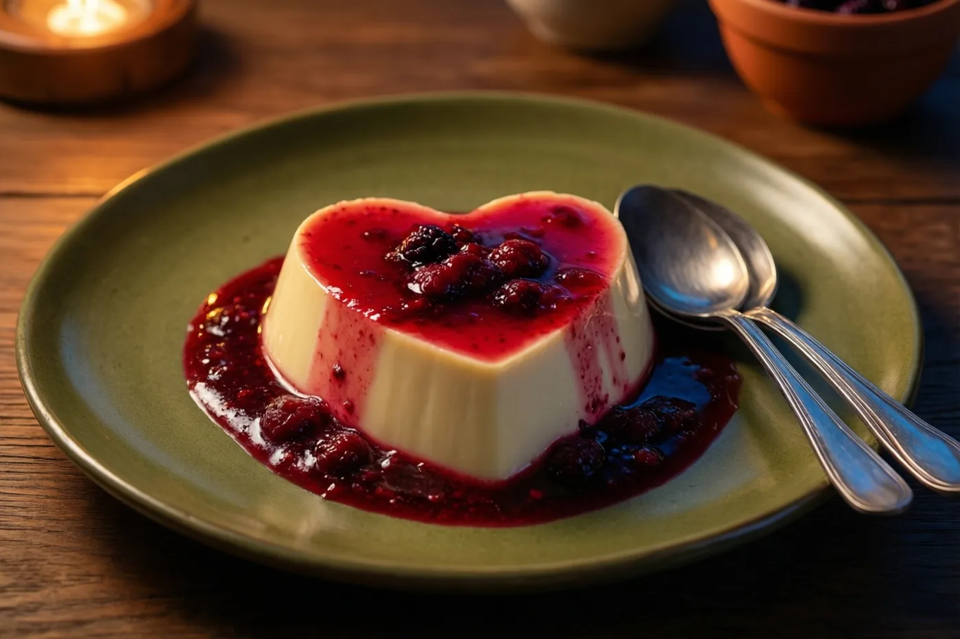Een hartvormige panna cotta met rode bessencoulis ligt met twee lepels op een groen bord op een houten tafel in warm licht.