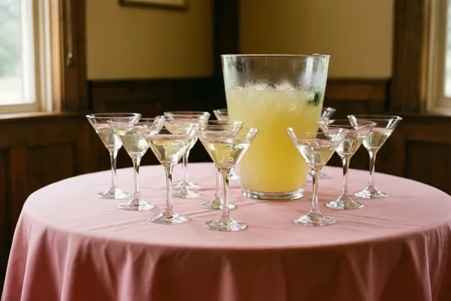 Een ronde tafel met een roze tafelkleed draagt een glazen punchschaal met gele drank en ijs, omringd door cocktailglazen, met houten wandpanelen en ramen op de achtergrond.