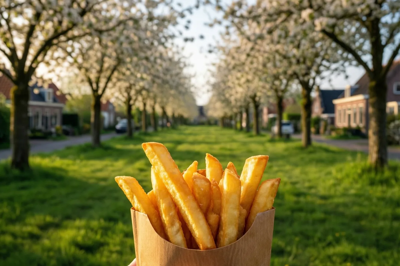 Op de voorgrond wordt een puntzak goudgele frieten vastgehouden, met een wazig dorpsgrasveld, bloeiende bomen en huizen in warm zonlicht op de achtergrond.