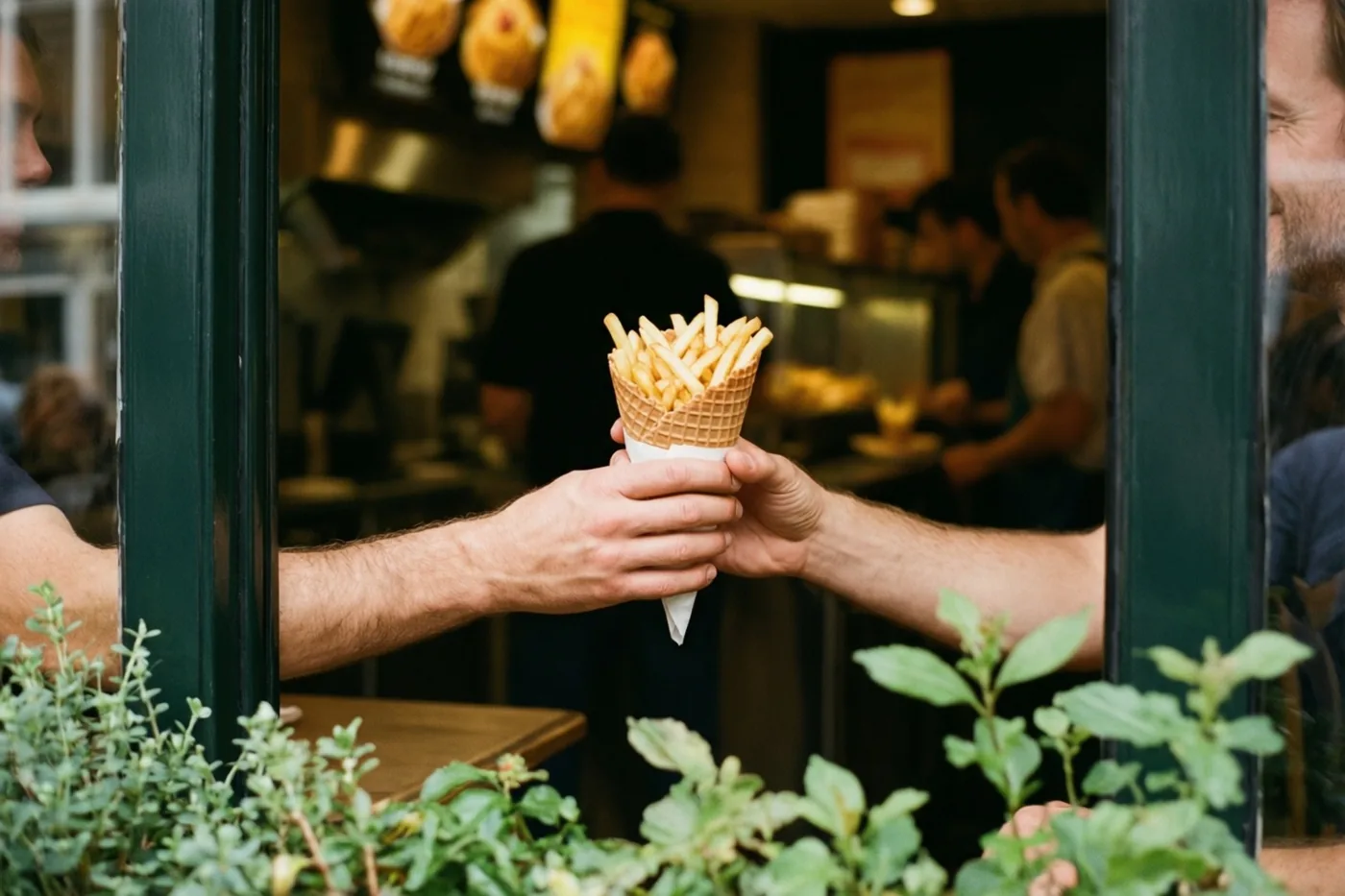 Twee handen geven een papieren puntzak frieten door het raam van een warm verlicht frietkot, tussen groene raamstijlen en bladeren op de voorgrond.
