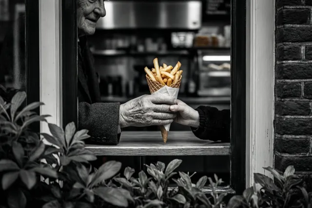 Een oudere persoon en een kind delen een papieren puntzak frieten aan een toog, omlijst door een kader dat op een raam lijkt met bladeren op de voorgrond.