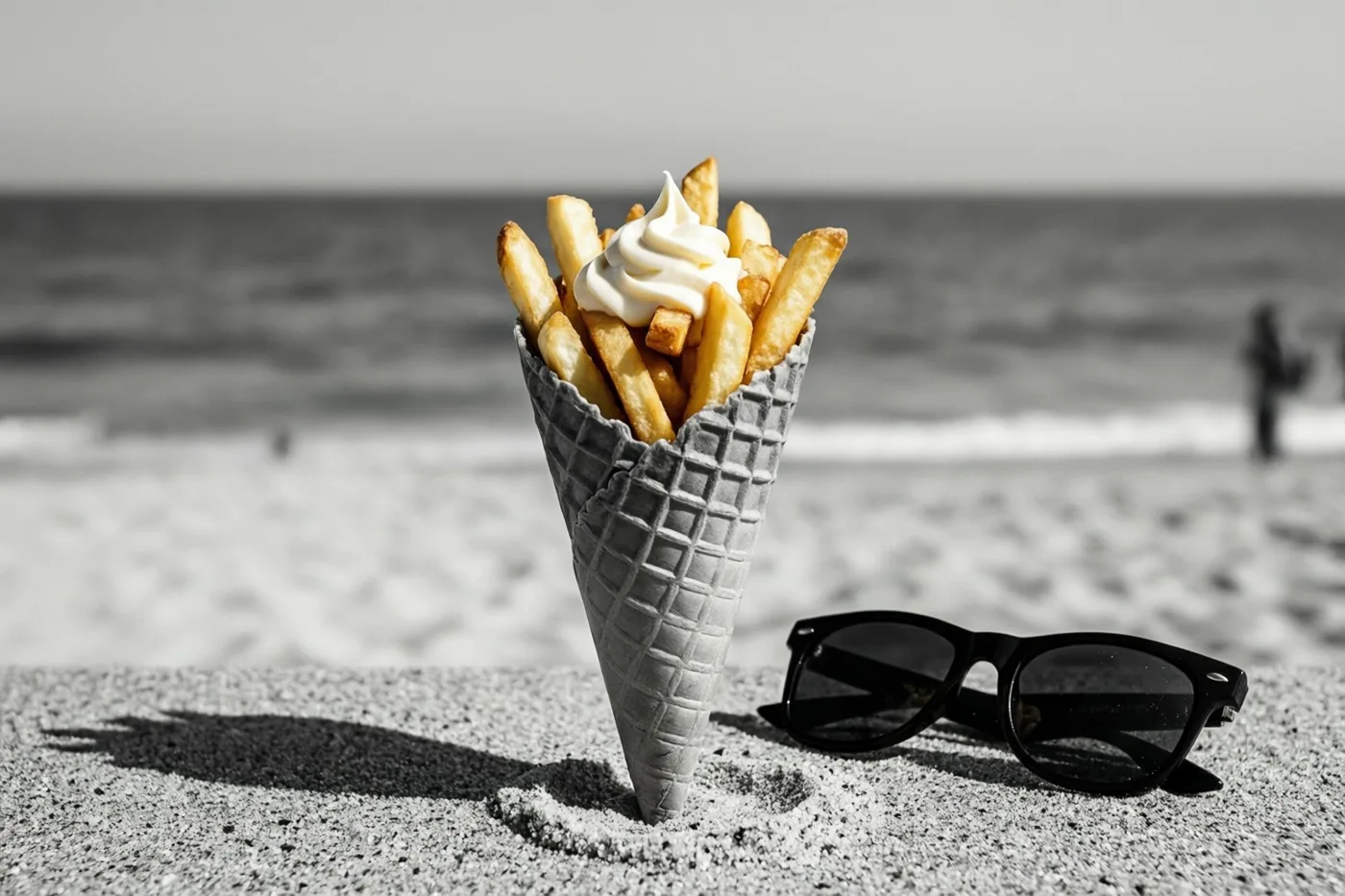 Een papieren puntzak frieten met mayonaise staat in het zand naast een zwarte zonnebril, met de zee onscherp op de zonnige achtergrond.