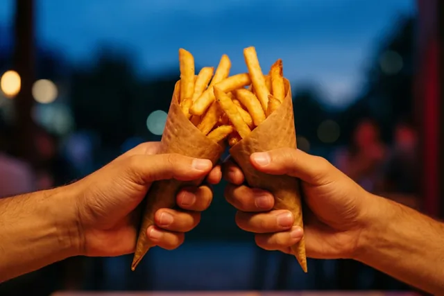 Twee handen stoten papieren puntzakken met goudgele frieten tegen elkaar, tegen een onscherpe blauwe avondachtergrond met warme lichtvlekken.