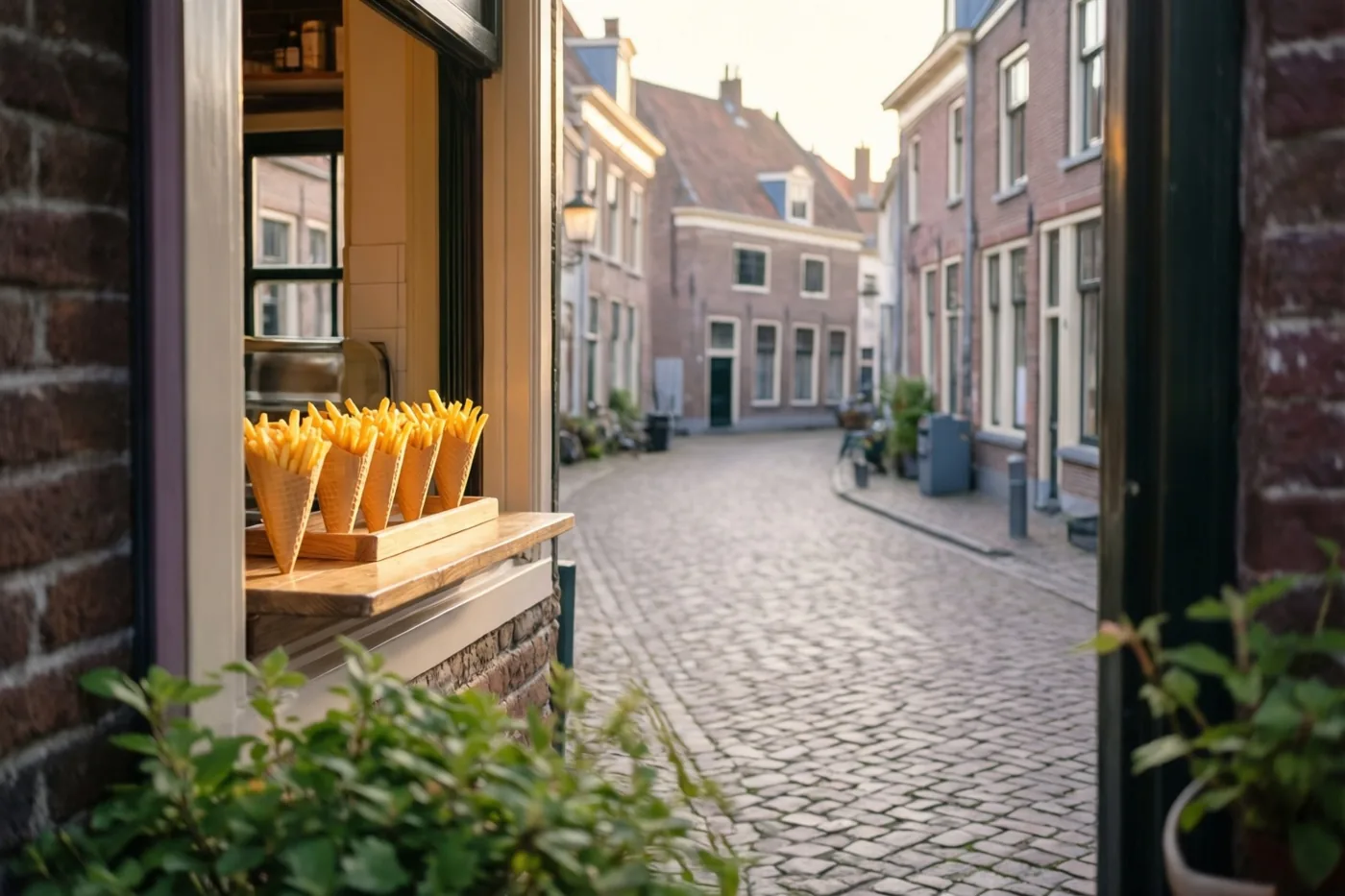 Papieren puntzakken met goudgele frieten staan op een houten vensterbank van een bakstenen gebouw aan een kasseistraat met traditionele huizen in warm avondlicht.