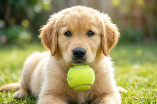 Een goldenretrieverpup ligt op groen gras in een zonnige tuin met een felgele tennisbal in zijn bek, tegen een zacht vervaagde achtergrond van bladeren.