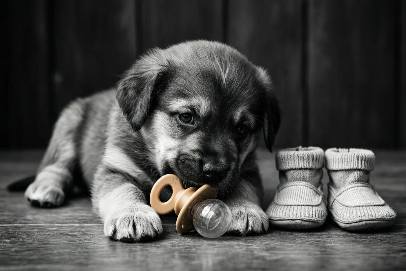 Een kleine pup ligt op een houten vloer en kauwt op een tutje naast een paar babyslofjes, weergegeven in zwart-wit met een wazige achtergrond.