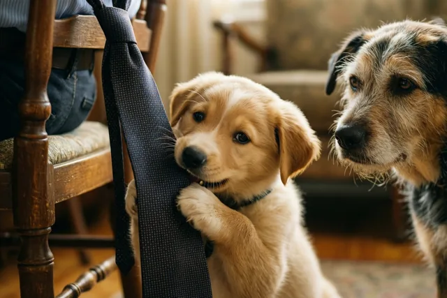 Een goldenretrieverpup trekt aan een donkere das met een patroon die aan een houten stoel hangt, terwijl een oudere, ruwharige hond toekijkt in een warm verlicht interieur met aardetinten.