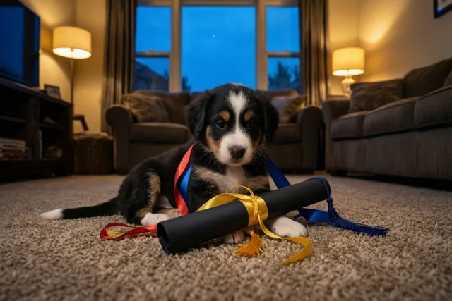 Diploma binnen, puppy erbij