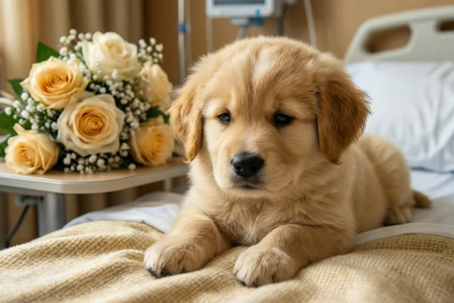 Een pluizige goudkleurige puppy ligt onder een beige deken op een ziekenhuisbed, naast een boeket gele rozen op het nachtkastje.