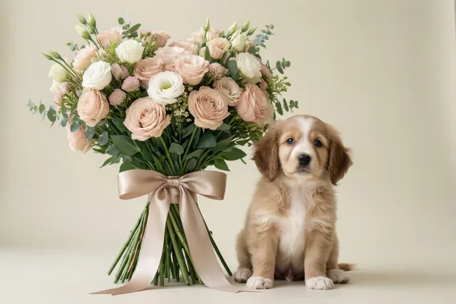 Een pluizige bruin-witte puppy zit naast een groot boeket roze en witte rozen met een breed satijnen lint, tegen een effen beige achtergrond.