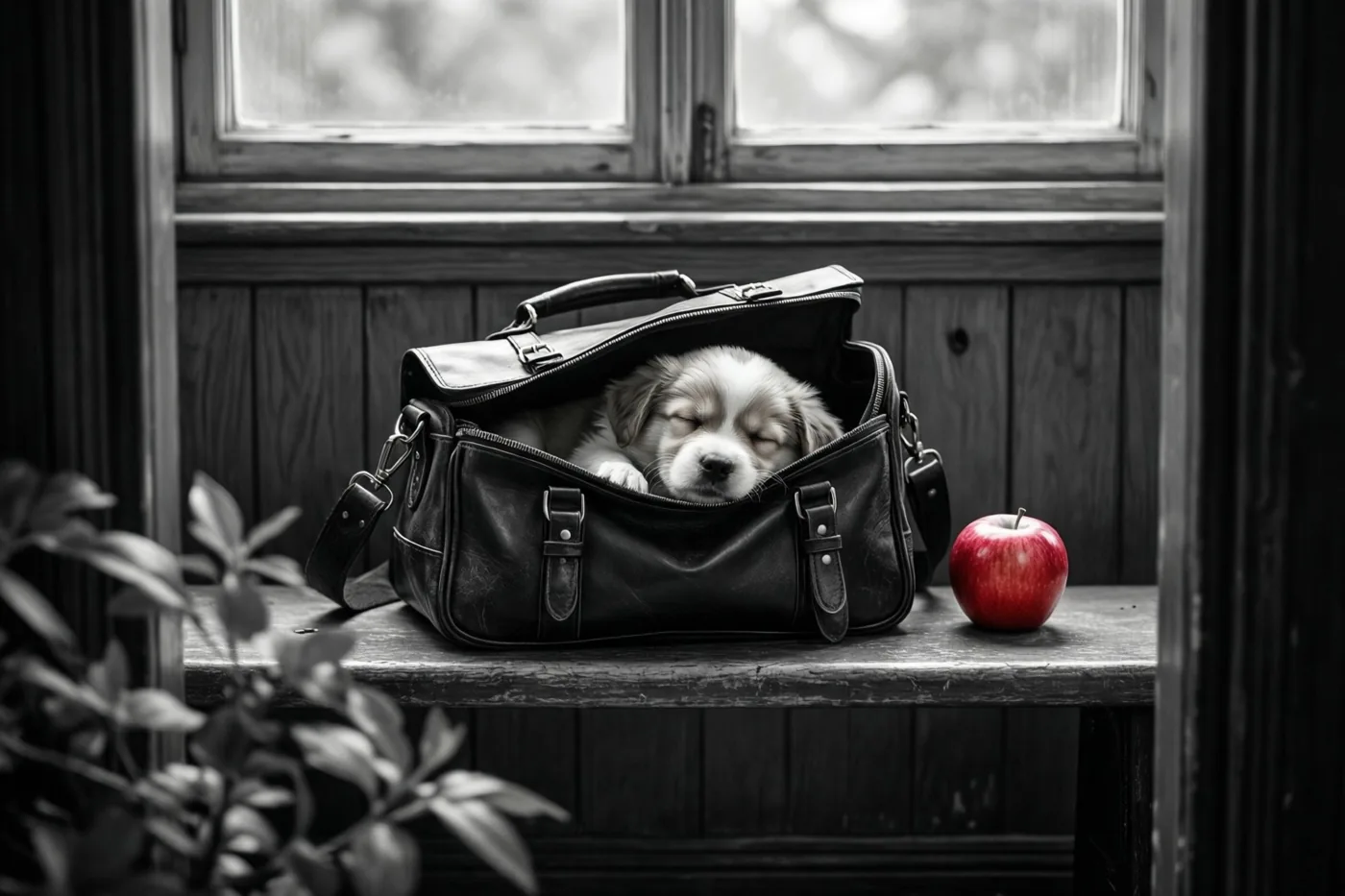 Een kleine puppy slaapt in een open leren boekentas op een houten bank naast een rode appel, in een verder overwegend monochroom beeld.
