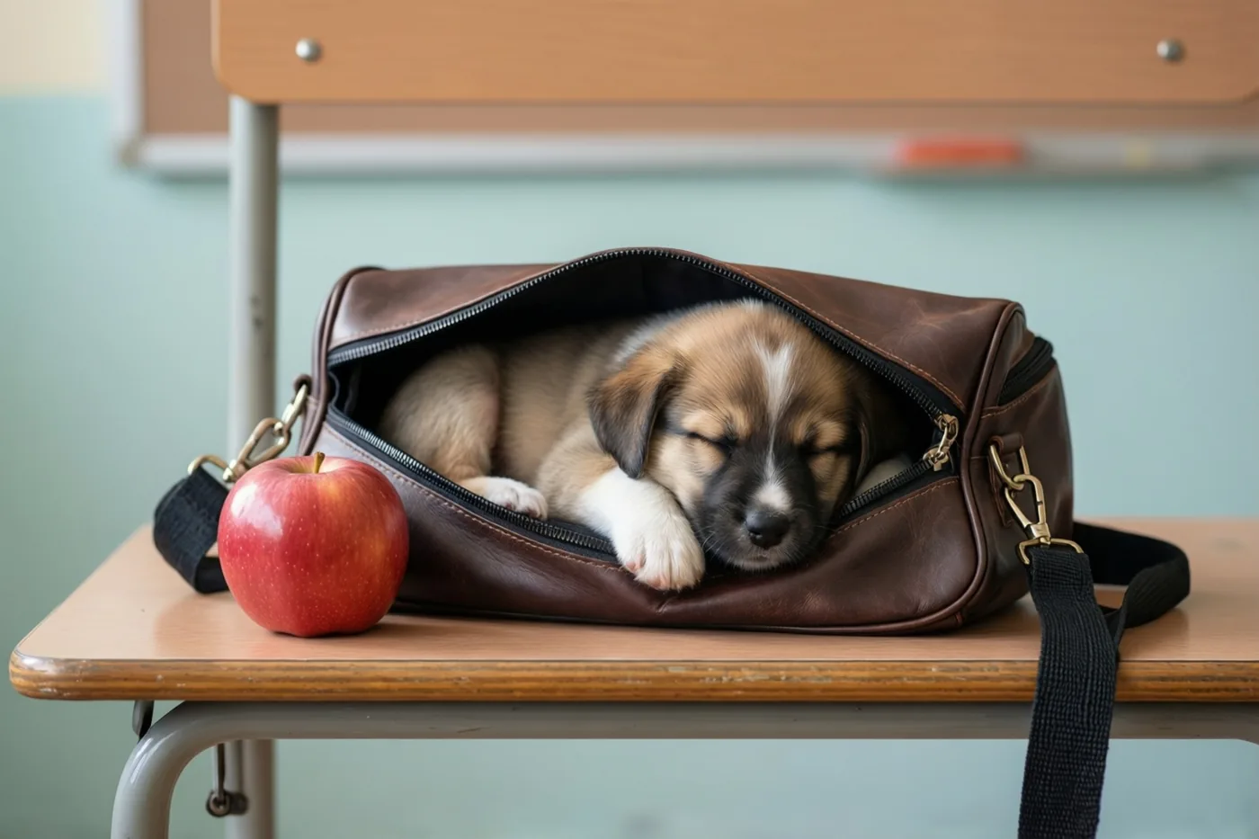 Een kleine puppy slaapt opgerold in een open bruine leren boekentas op een houten klasbureau, naast een glanzende rode appel in warme bruine, rode en lichtgroene tinten.