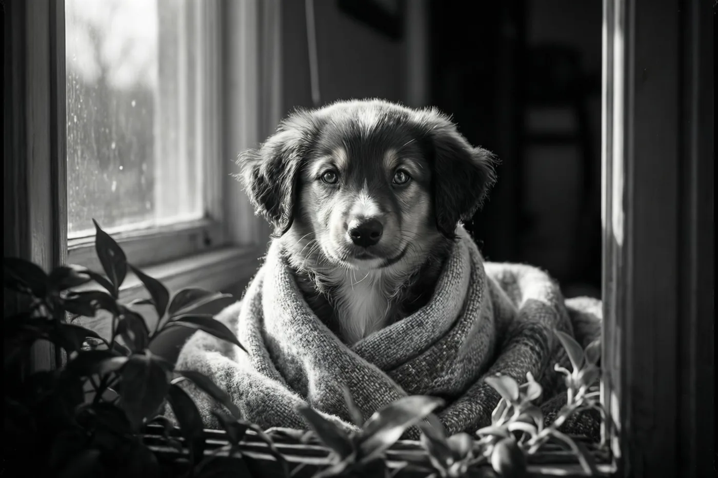 Op deze zwart-witfoto zit een puppy gewikkeld in een deken met textuur bij een raam, met ochtendzon op zijn snoet.
