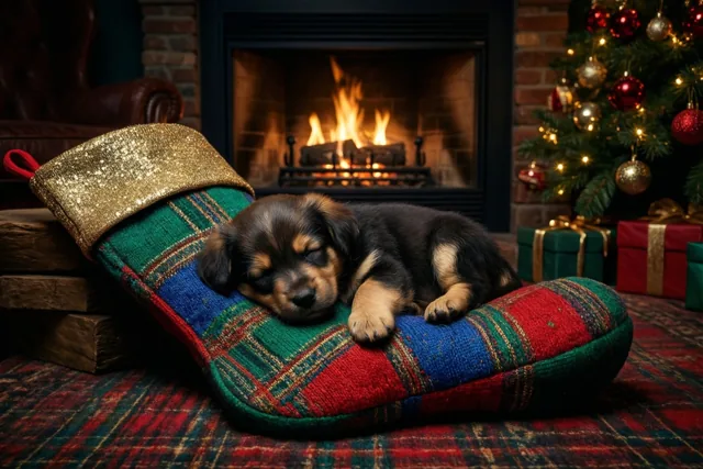 Een puppy droomt bij kerstlicht