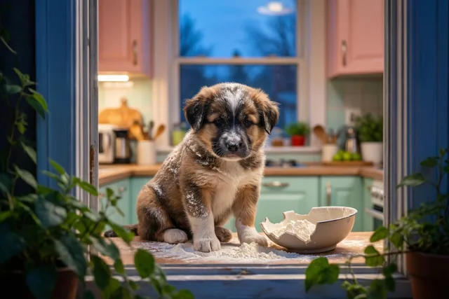 Door een open deuropening is een bruin-witte puppy vol witte bloem te zien op een houten keukenwerkblad, tussen roze en blauwgroene kasten.